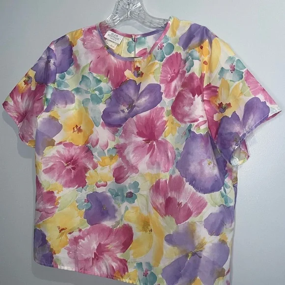 Vintage Blair Women’s Blouse Bold Floral Bright Short Sleeve Top Size 16 L XL - Picture 7 of 16